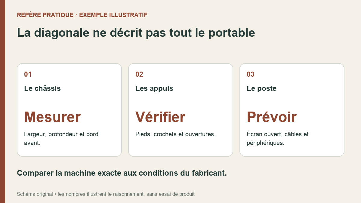 Schéma de vérification d’un support : dimensions du châssis, emplacement des appuis puis encombrement du poste complet.